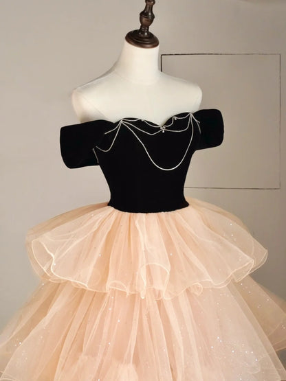 Prinzessinnen-Ballkleid, schulterfrei, Tüll, Champagner, formelles Outfit für College, Abschlussball, Abschlusskleid für Teenager N1348