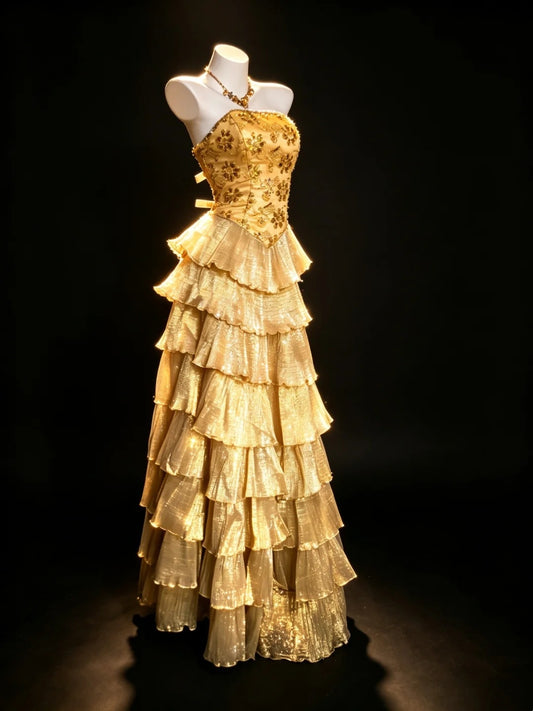 Modest Ball Gown Strapless Gold Ruffled Tiered Layers Evening Dresses Night Date Prom Dress N4475