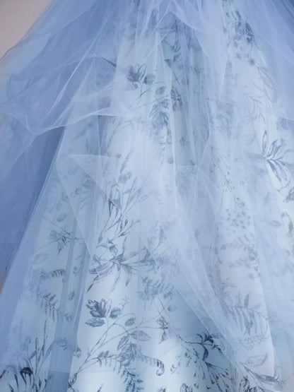 Robe de bal ravissante, bustier cœur en tulle bleu à fleurs, sans manches, avec corsage orné de perles, robe longue de quinceañera, tenue pour un anniversaire de 15 ou 16 ans (N689)