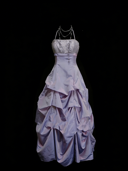 Robe de bal vintage dos nu en taffetas lilas années 80/90, sans manches, longue, robe de soirée formelle N1442