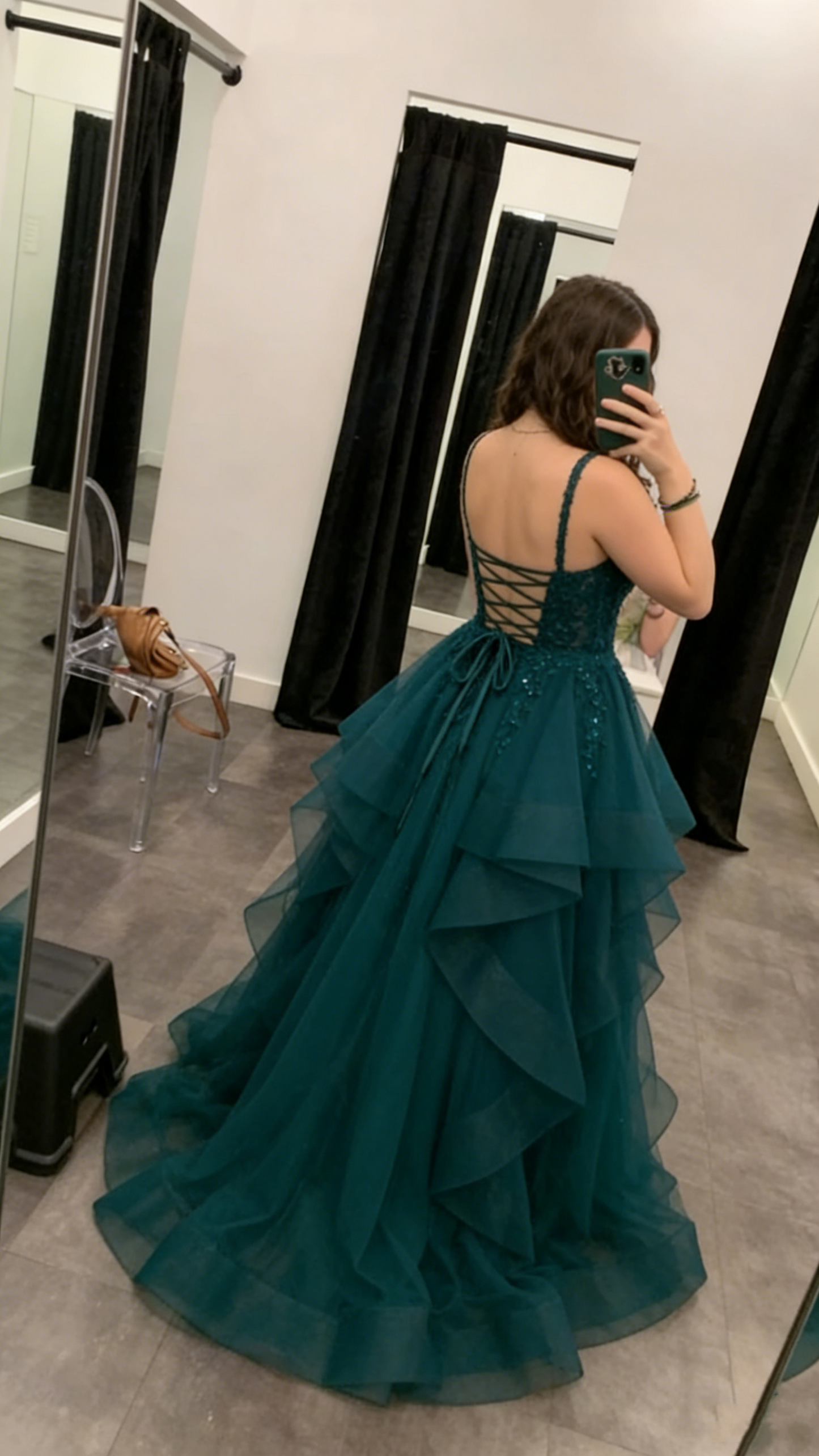 Robe de bal élégante à col en V, en tulle vert foncé avec appliques, robe de soirée longue AB2153
