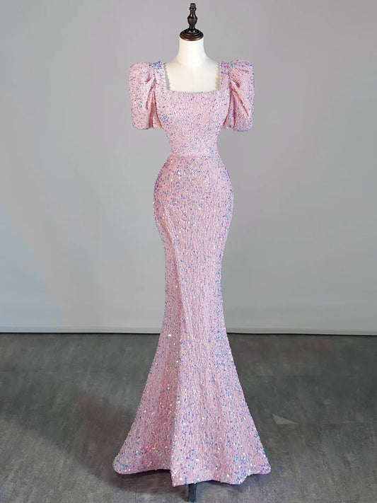 Elegant Mermaid Square Neck Pink Sequins Prom Dresses Party Dress 18th Birthday Outfits Graduation Dress RB1479