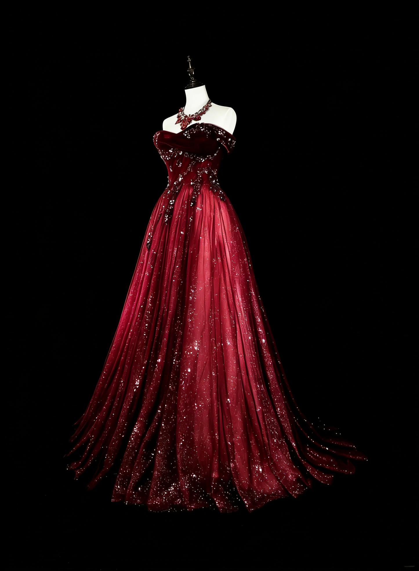 Schulterfreies, glitzerndes A-Linien-Abendkleid in Burgunderrot mit Applikationen, weinrotes Partykleid N1777