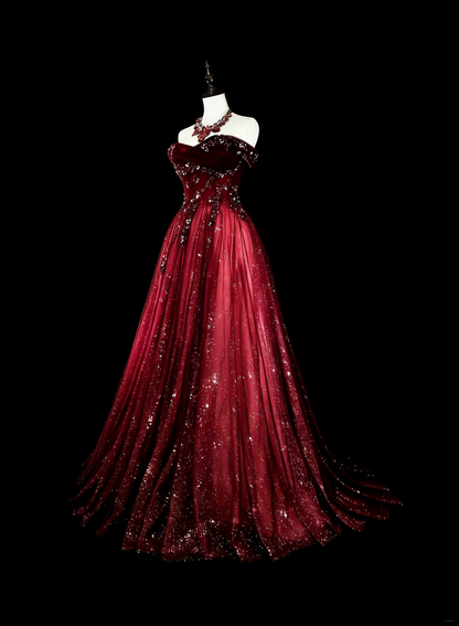 Schulterfreies, glitzerndes A-Linien-Abendkleid in Burgunderrot mit Applikationen, weinrotes Partykleid N1777