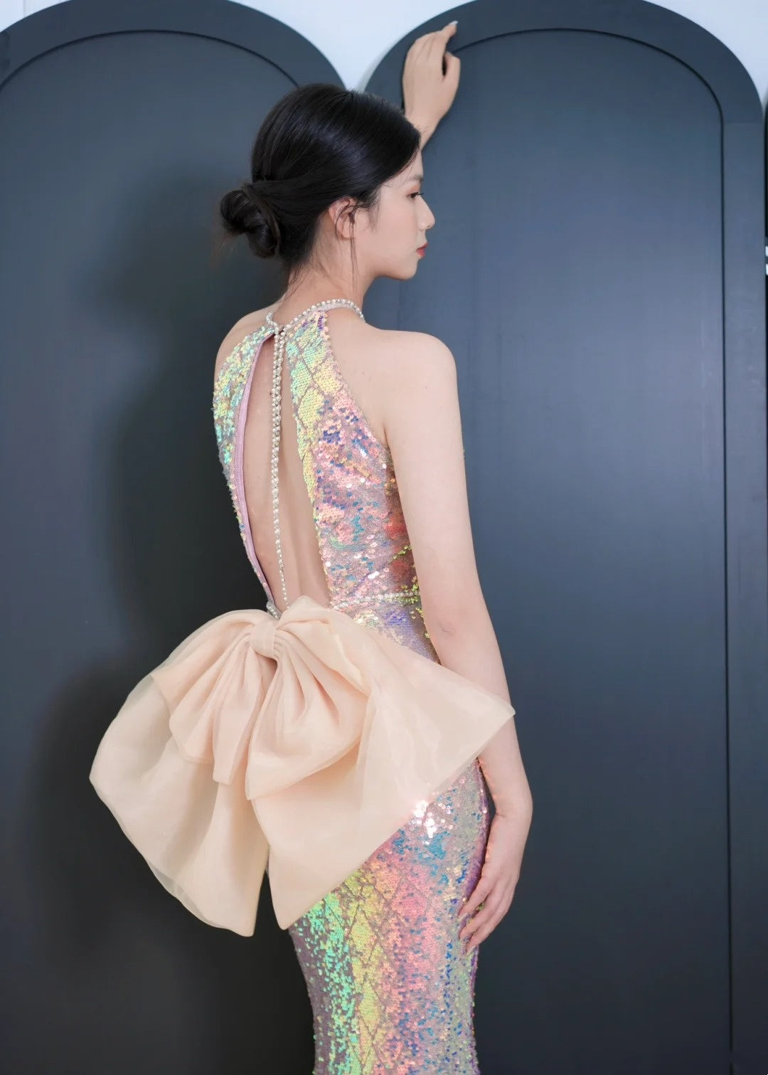 Robe de bal longue sirène à sequins, dos nu, style modeste, pour lycéennes et adolescentes, tenue de soirée de fin d'année AB2525