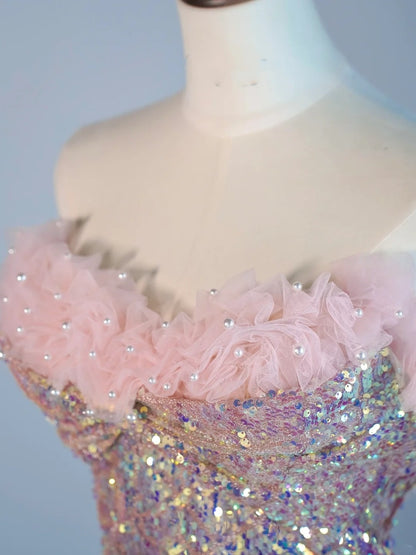 Elegantes, langes, rosafarbenes Pailletten-Abendkleid im Meerjungfrauenstil mit herzförmigem Ausschnitt, halbformelles Abendkleid N686
