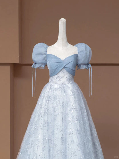 Robe de bal féérique à décolleté cœur et manches bouffantes, en tulle bleu, longue robe de soirée formelle, robe d'anniversaire formelle, robe de bal N730