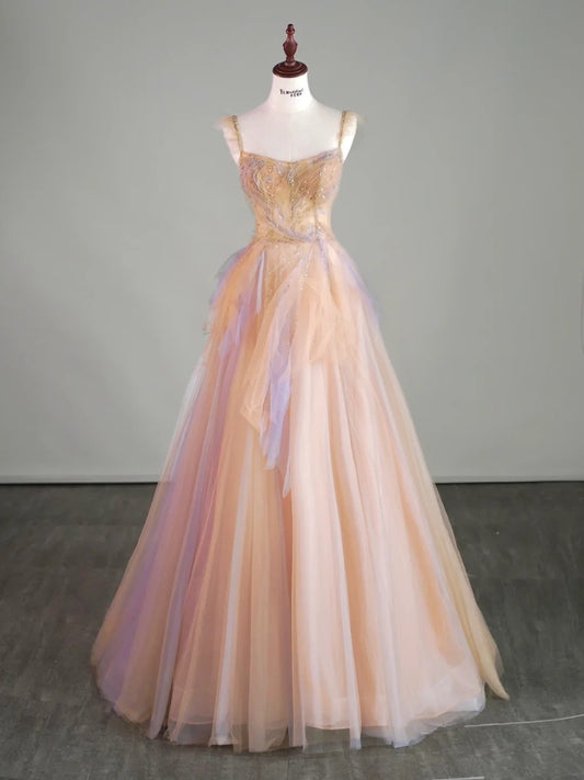 Stunning Prom Dresses Ball Gown Spaghetti Strap Tulle Pink Long Formal Dress N2489