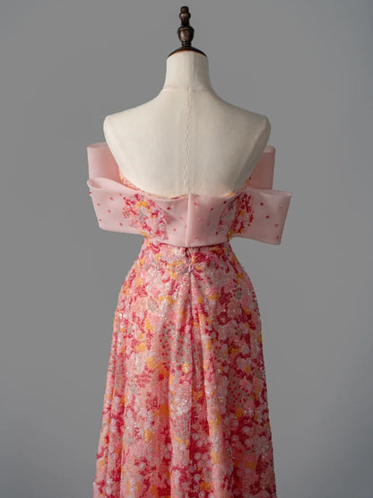 Elegantes, schulterfreies, pinkfarbenes Paillettenkleid in A-Linie – langes Ballkleid für Teenager (N1170)
