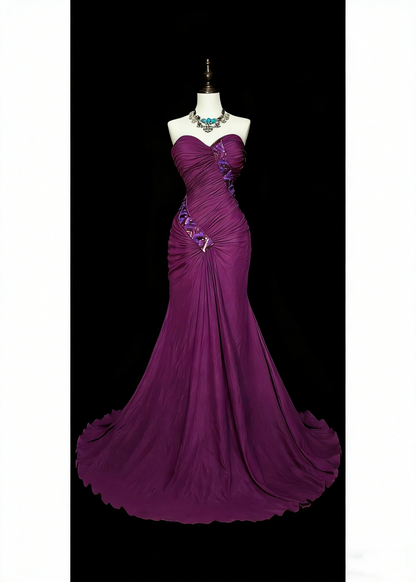 Vintage Meerjungfrauen-Kleid mit perlenbesetztem, langem lila Sommerkleid für Strand, Abend und festliche Anlässe im Frühling (N1420)
