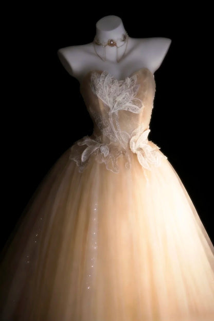 Bescheidene Ballkleider für den Abschlussball, trägerlos, Champagner, Tüll mit Applikationen, langes Quinceañera-Kleid N2973