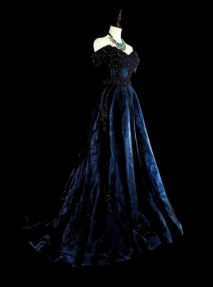 Vintage Prom Dresses Ball Gown Off The Shoulder Navy Blue Tulle With Appliques 80s Long Formal Gown N2720