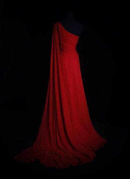 Vintage A line One Shoulder Red Chiffon Sleeveless Summer Formal For Women Girls Teens Prom Dresses N2246
