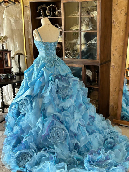 Vintage Ball Gown Spaghetti Straps Blue With Layers Tiered Sweet 16 Dresses Long 15 Vestidos De Fiesta N2264