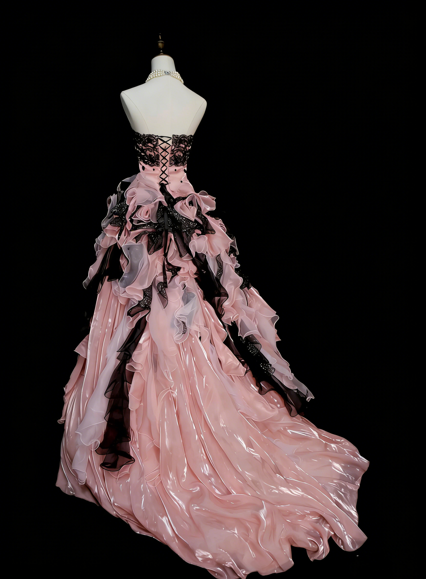 Süßes Ballkleid Trägerlos Pink Tüll mit gestuften Lagen Rüschen Lange Partykleider Abschlussballkleider N2242