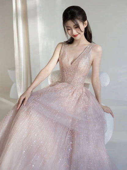 Bezauberndes Ballkleid mit tiefem V-Ausschnitt, rosa Pailletten, langes Abendkleid, beeindruckendes Outfit zum 19. Geburtstag, Abendkleid N236