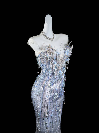 Robe de mariée sirène classique, décolleté cœur, sequins gris argentés et cristaux, robe de mariée N299