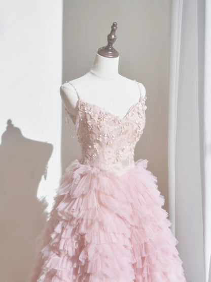 Niedliches Ballkleid mit Spaghettiträgern, zartrosa Tüll, langes Abendkleid, Inspiration für formelle Partykleider, Ballkleid N235