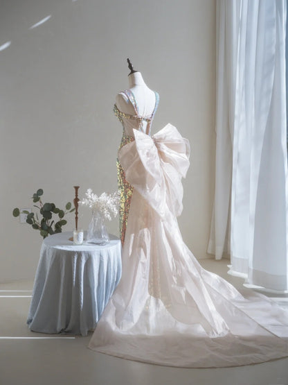 Robe de bal longue à paillettes et col carré, style sirène scintillant, sans manches, robe de soirée A022