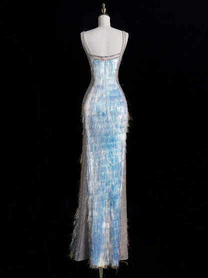 Robe de bal longue bleue à fines bretelles et paillettes, style sirène, inspiration pour un 18e anniversaire, robe de soirée N487