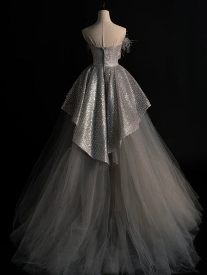 Modest Ball Gown Strapless Sequin Gray Tulle Long Prom Dresses For High School Teens Girls Formal Bridesmaid Dress N1069