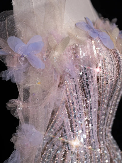 Prinzessinnen-Abendkleid in A-Linie, schulterfrei, paillettenbesetzt, lang, formell, Ballkleid N741