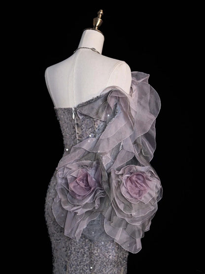 Prinzessin Meerjungfrauen-Abendkleid mit Herzausschnitt, grau, paillettenbesetzt, mit Schlitz, langes formelles Abendkleid, Ballkleid N743