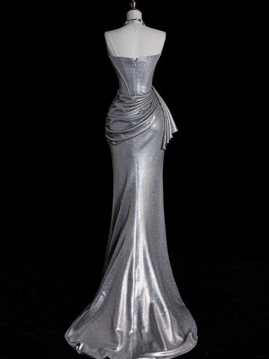 Whimsical Mermaid Strapless Silver Gray Sequin Pleated Bodice Long Prom Dresses Night Formal Dress N611