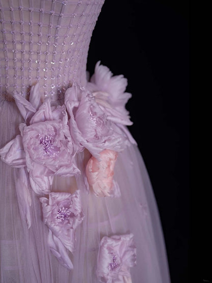 Robe de bal modeste sans bretelles en tulle lilas, longue robe de soirée formelle, robe de bal de fin d'année N747