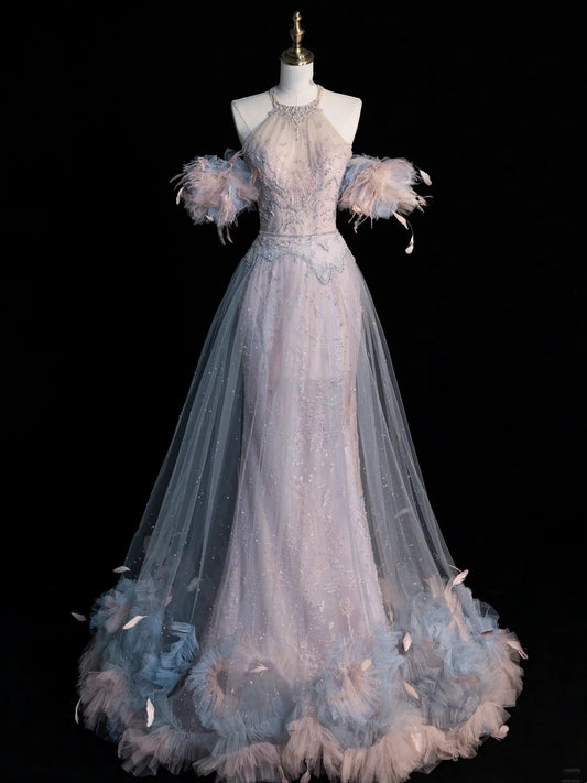 Robe de bal longue sirène élégante en tulle à col bijou et plumes - N772