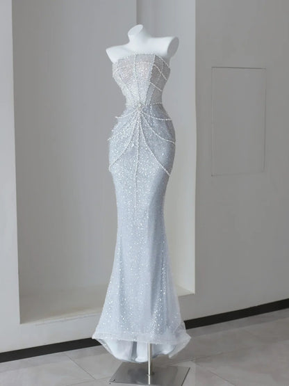 Sparkly Prom Dresses Mermaid Strapless Light Sky Blue Sequined With Beading Long Formal Gown N2921