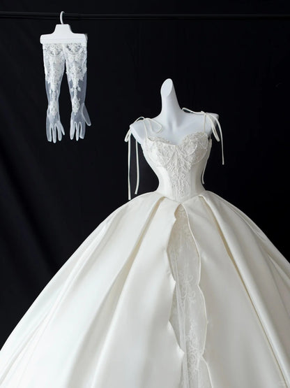 Einfache Hochzeitskleider Ballkleid Spaghetti-Träger Weiß Satin mit Spitze Weiß Langes Brautkleid N2951