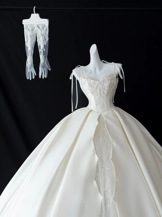 Simple Wedding Dresses Ball Gown Spaghetti Strap White Satin With Lace White Long Bridal Gown N2951