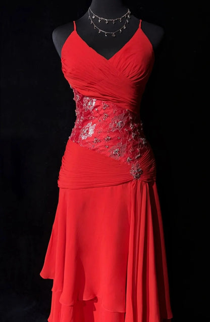 Robes de bal vintage esthétiques Années 80 Rétro Coupe trapèze Rouge Sans dos Mousseline Mi-longue Tenues de soirée N2323