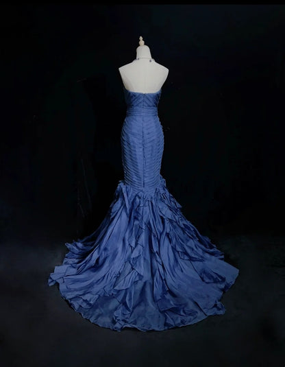 Vintage Prom Dresses Mermaid Sweetheart Navy Blue Satin With Tiered Layers 90s Long Evening Gown N2906