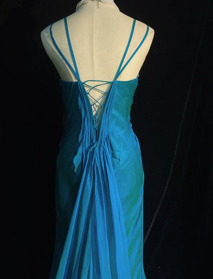 Robes de bal modestes sirène col en V bleu mousseline corsage dos nu robes de soirée formelles longueur ras du sol N3483