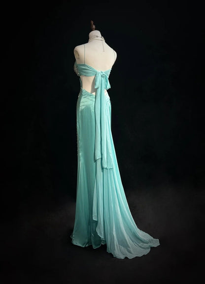 Elegante Abschlussballkleider Meerjungfrau Spaghettiträger Rückenfrei Tiffany-Blau Chiffon Mit Perlen Lang Formelle Abendgarderobe N3708