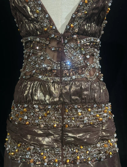 Robes Esthétiques de Bal Vintage Sirène Col en V Satin Marron avec Perles Gemme Longue Robe de Soirée Formelle N3021
