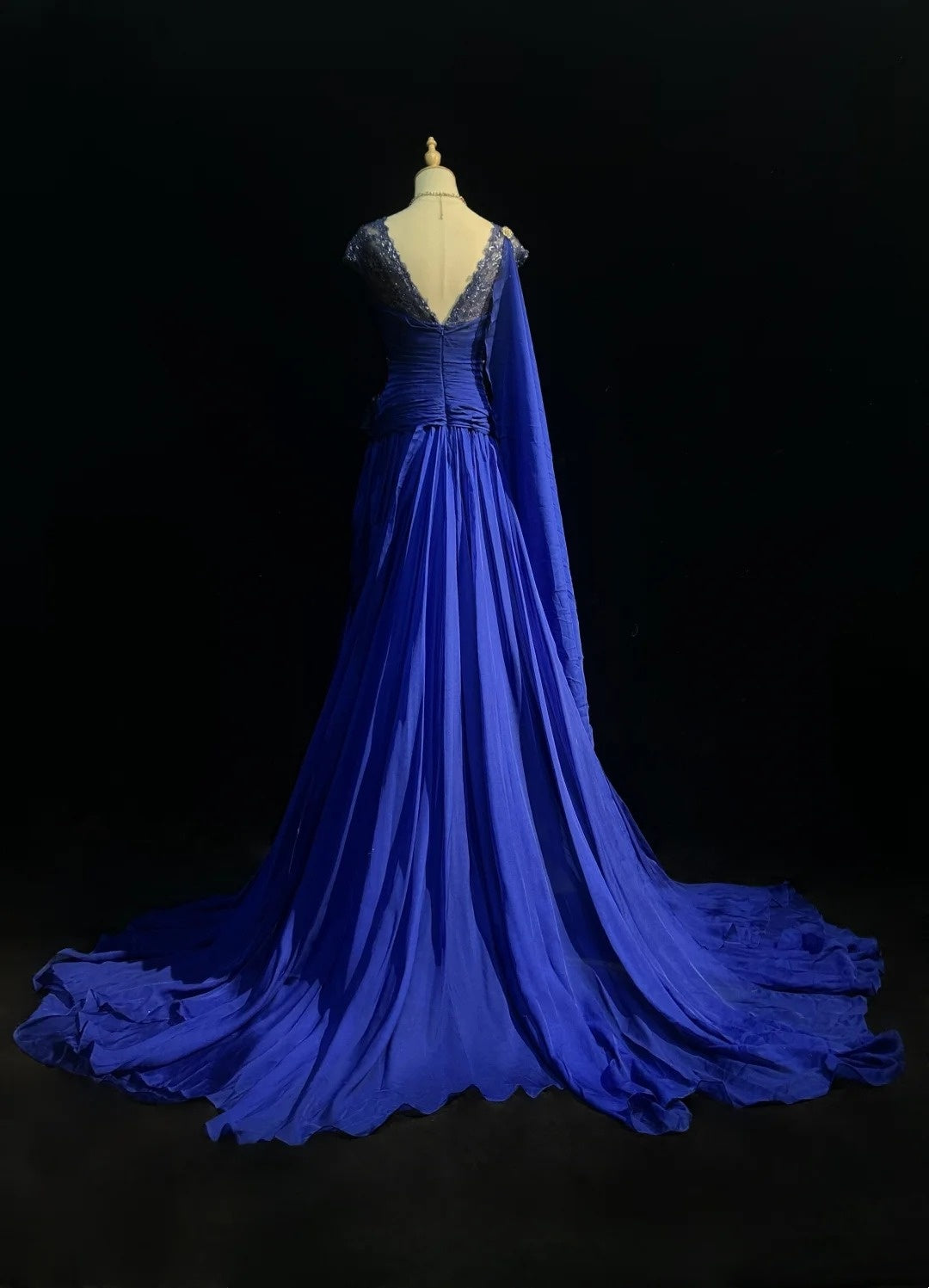 Robes de bal élégantes coupe trapèze col rond bleu roi mousseline dentelle perlée longue robe de soirée N2916