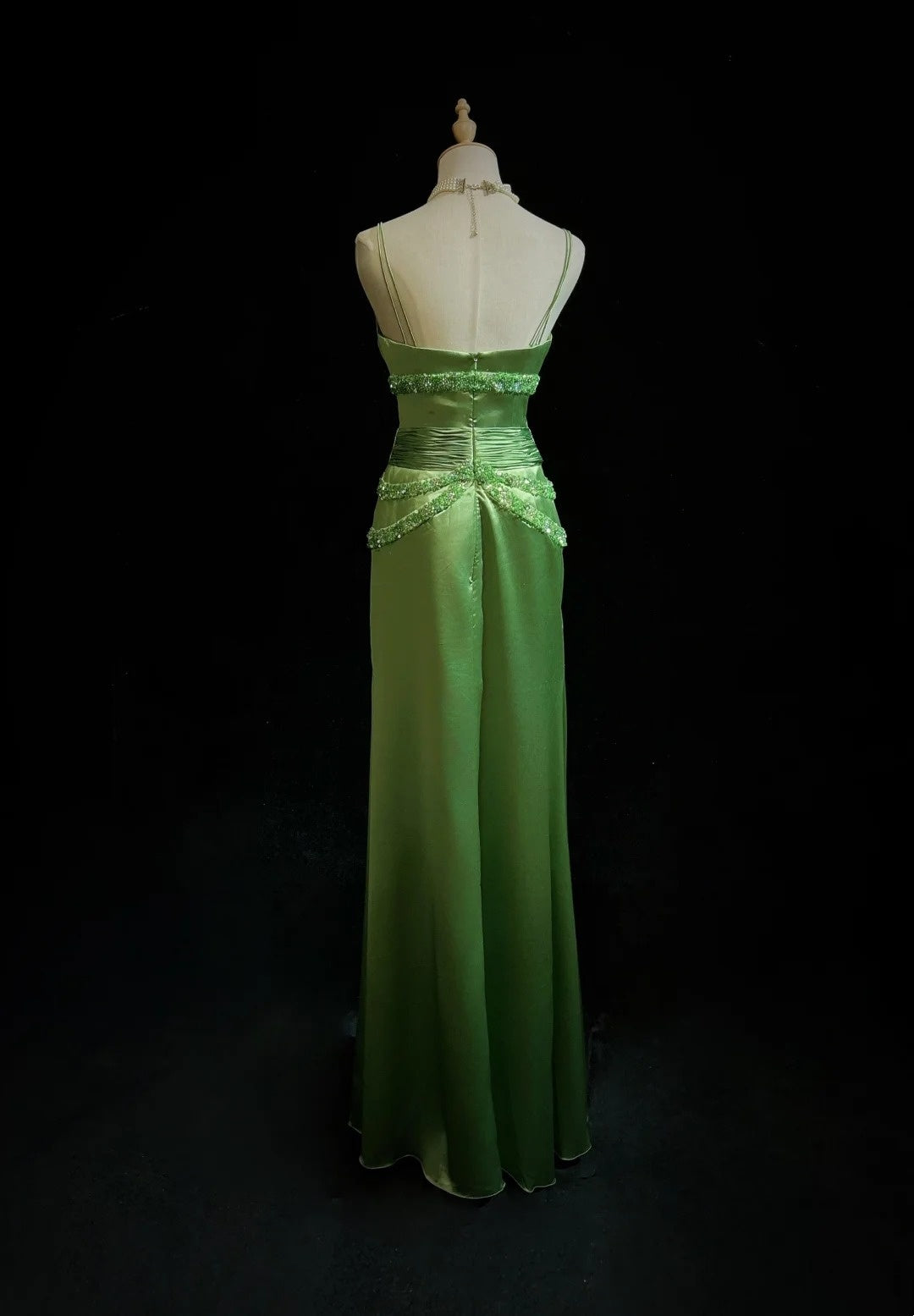 Vintage Prom Dresses A Line Spaghetti Strap Green Satin With Beading Long Formal Dress N2455