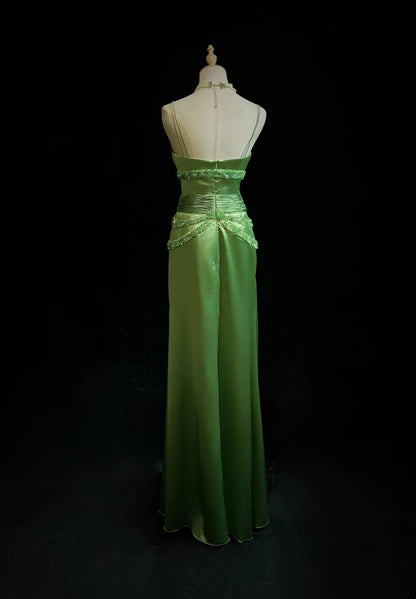Vintage Prom Dresses A Line Spaghetti Strap Green Satin With Beading Long Formal Dress N2455