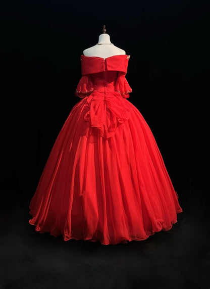 Modest Prom Dresses Ball Gown Off The Shoulder Red Tulle With Sleeves Long Quince Dress N3292