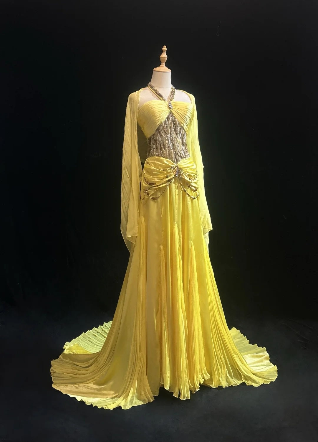Robes de bal vintage trapèze, dos nu, jaunes années 70 avec perles, en mousseline, longue robe de soirée formelle N2526
