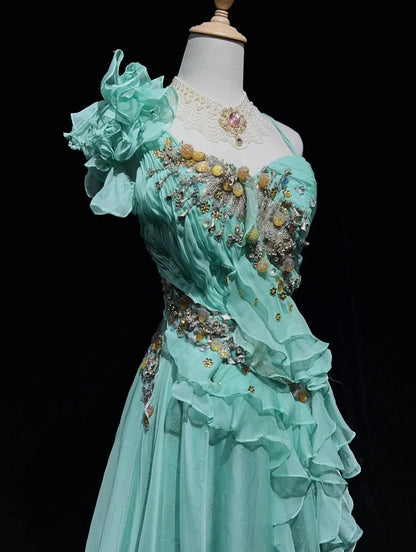 Robes de bal vintage coupe trapèze asymétriques vert menthe années 70 avec volants en mousseline longue robe de soirée formelle N2525