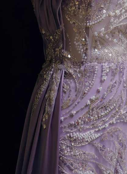 Vintage Ballkleider Inspo Meerjungfrau Trägerlos Lila Pailletten Mit Schlitz Perlen 80er Jahre Langes Abendkleid N2742