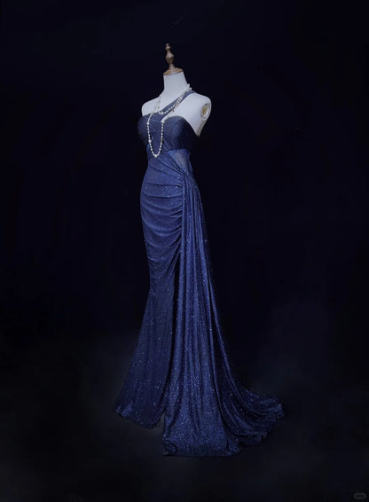 Robes de Bal Vintage Années 90 Sirène Asymétrique Bleu Marine Pailletée Dos Nu Longues Tenues de Soirée N3140