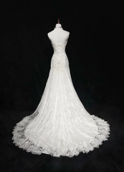 Robes de mariée uniques sirène, bretelles spaghetti, dentelle blanche, longue robe de mariée N3096