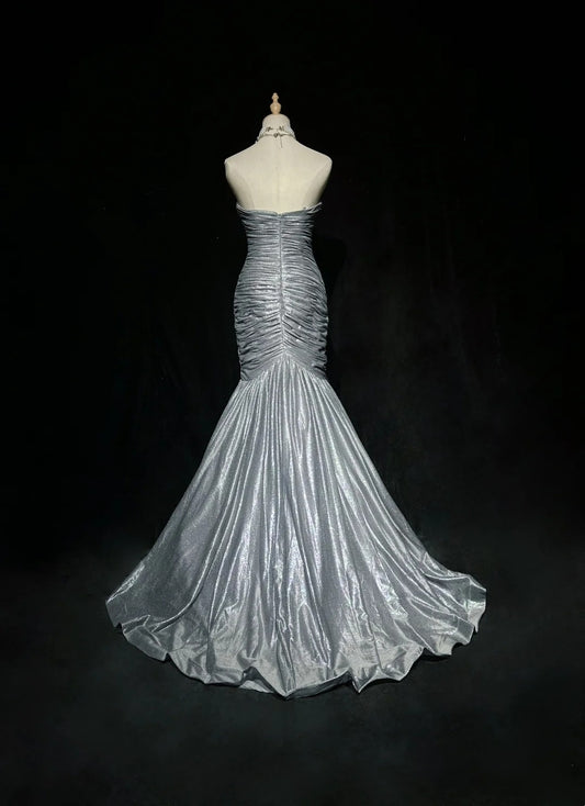Vintage 1980s Prom Dresses Mermaid Sweetheart Silver Grey Floor Length Long Formal Party Dress N2536