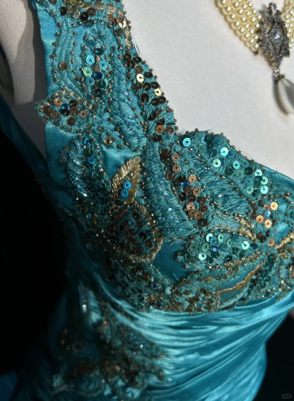 Robes Esthétiques de Bal Vintage Ligne A en Satin Bleu avec Perles Appliquées Longue Robe de Soirée N3024