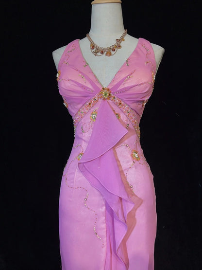Idées de robes de bal modestes sirène col en V mousseline rose avec perles à volants pour femme robe de soirée formelle N3231